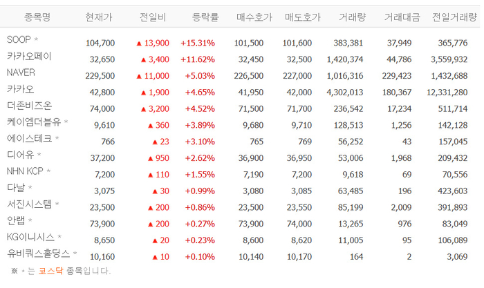 SOOP, 급등 배경?…NAVER·카카오·더존비즈온 등 인터넷株 일제히 상승