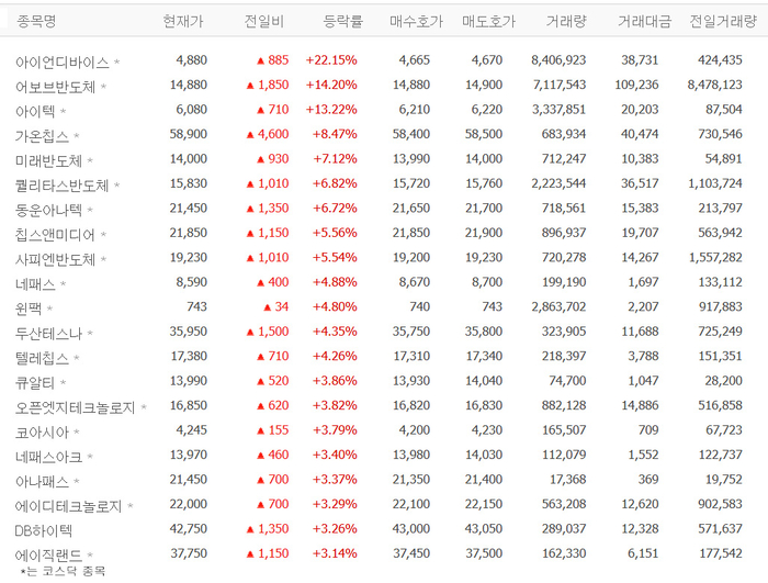 아이언디바이스, 22% 급등…어보브반도체·가온칩스·미래반도체·동운아나텍 등 시스템반도체株 ‘껑충’