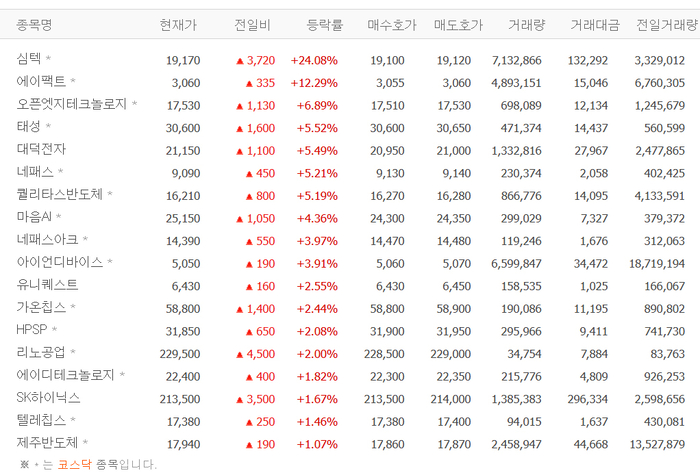 심텍, 24% 급등 배경?…에이팩트·오픈엣지테크놀로지·대덕전자·네패스 등 온디바이스AI株 일제히 상승