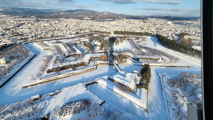 고료카쿠 타워에서 보는 오각형 별 모양의 성곽 모습. 멀리 시가지와 산등성이까지 뚜렷하다.