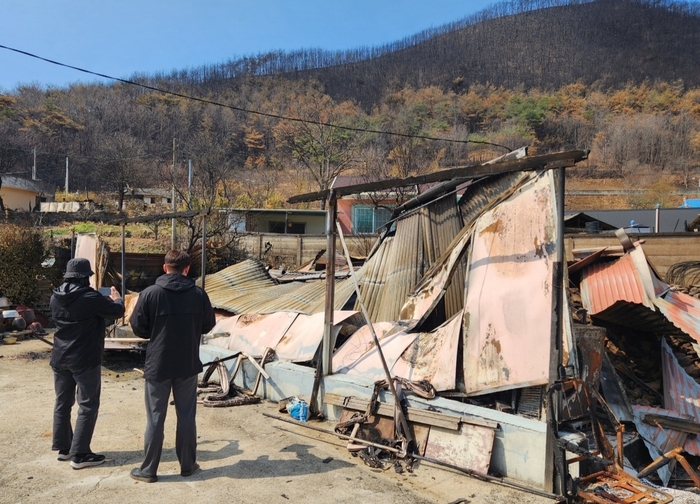 1일 경북 안동시 임동면 한 마을 산불 피해 주택 앞에서 안동시청 공무원들이 피해 현황을 조사하고 있다.