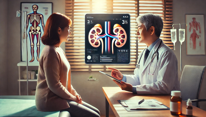 진료실에서 의사가 환자에게 신장의 구조와 기능 저하의 위험성을 설명하고 있다. 만성콩팥병은 증상이 늦게 나타나는 침묵의 질환으로, 당뇨병이나 고혈압을 앓고 있는 고위험군은 정기적인 검사와 예방 관리가 필수다.<영남일보 AI 제작>