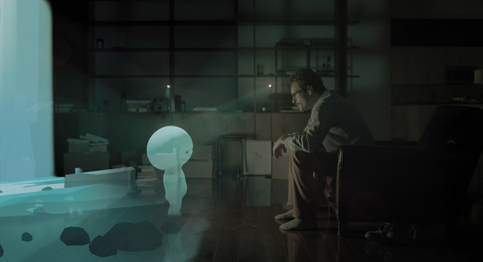 영화 Her(2014)의 스틸컷. 주인공 테오도르는 인공지능(AI) 운영체제 사만다를 통해 조금씩 상처를 회복한다. <더쿱 제공>