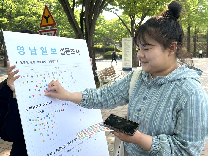 16일 대구 달서구 계명대학교 성서캠퍼스에서 한 대학생이 영남일보 설문조사에 임하고 있다. 박지현기자 lozpjh@yeongnam.com