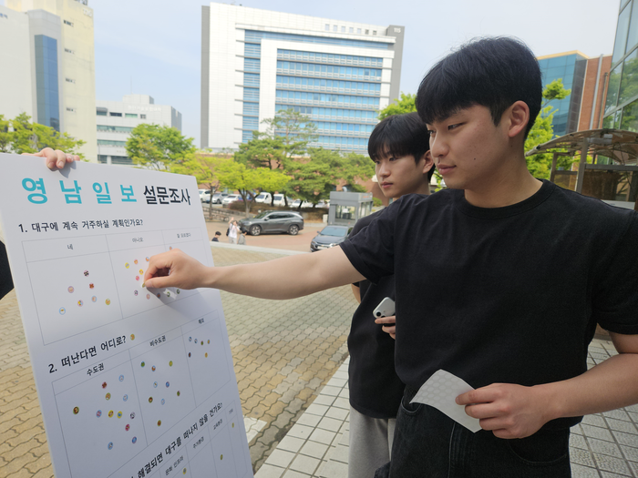 16일 대구 북구 경북대학교 대구캠퍼스 일원에서 한 대학생이 영남일보 설문조사에 응하고 있다. 서민지기자 mjs858@yeongnam.com