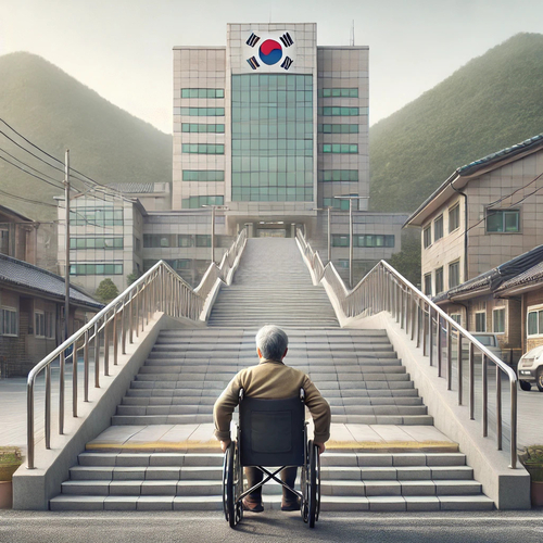 지역에 거주하는 한 고령 장애인이 휠체어에 앉아 계단 너머의 병원을 바라보고 있다. 진입로에는 경사로나 엘리베이터가 없어 접근이 불가능한 상황. 의료 사각지대에 놓인 장애인의 현실을 여실히 드러낸다. <이미지=생성형 AI>