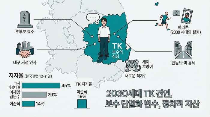 이준석 개혁신당 대표가 대구경북지역에서 새로운 적자로 자리 잡으려는 정치적 행보가 주목된다. <그래픽=생성형AI>