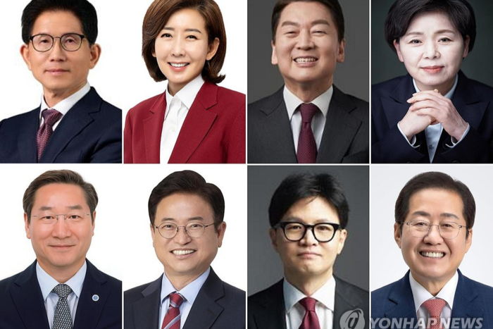 국민의힘의 제21대 대통령선거 후보를 뽑는 경선에 나서는 후보들. 가나다순으로 윗줄 왼쪽부터 김문수 전 고용노동부 장관, 나경원 의원, 안철수 의원, 양향자 전 의원. 아랫줄 왼쪽부터 유정복 인천시장, 이철우 경북도지사, 한동훈 전 대표, 홍준표 전 대구시장. <연합뉴스>