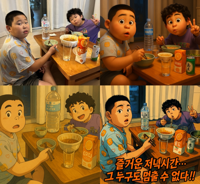 왼쪽 상단부터 시계방향으로 형제의 저녁시간 실제 사진,  픽사풍 그림, 지브리풍 그림, 슬램덩크풍 그림. <이미지=생성형 AI>