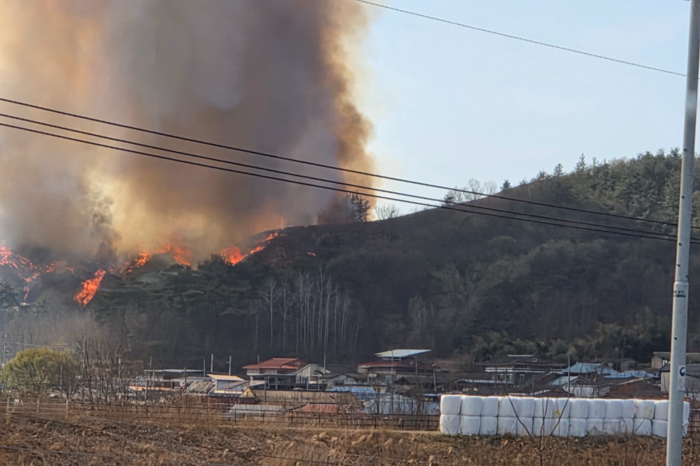 8일 오후 3시11분쯤 구미시 도개면 월림리에 있는 임야에서 산불이 발생, 월림1리 주민 73가구 133명이 긴급히 대피했다. 구미시는 도개면 월림리, 가산리, 용산리, 동산리 마을 주민에게도 대피하라는 안전재난문자를 발송했다. <경북소방본부 제공>