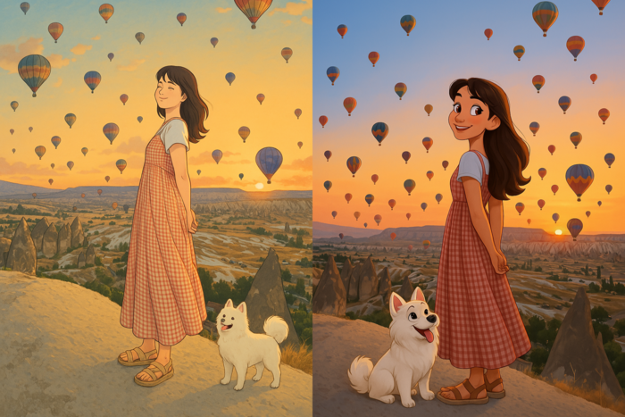튀르키예 카파도키아의 열기구를 배경으로 찍은 사진에 하얀 스피츠 강아지를 넣은 챗GPT 그림. 왼쪽부터 지브리풍, 디즈니풍 그림. <이미지=생성형 AI>
