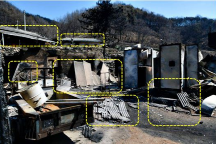 경북 안동의 한 산불피해마을의 모습과 석면오염 우려지점을 노란점선으로 표시했다.  <안동환경운동연합·대구환경운동연합 제공>