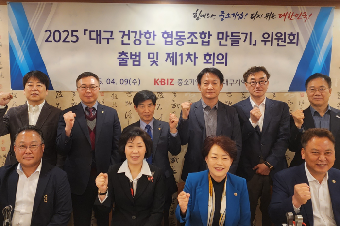 대구 건강한 협동조합 만들기 위원회가 9일 출범했다. 이날 열린 제1차 회의에 참석한 위원들이 파이팅을 외치고 있다. <중기중앙회 대구지역본부 제공>