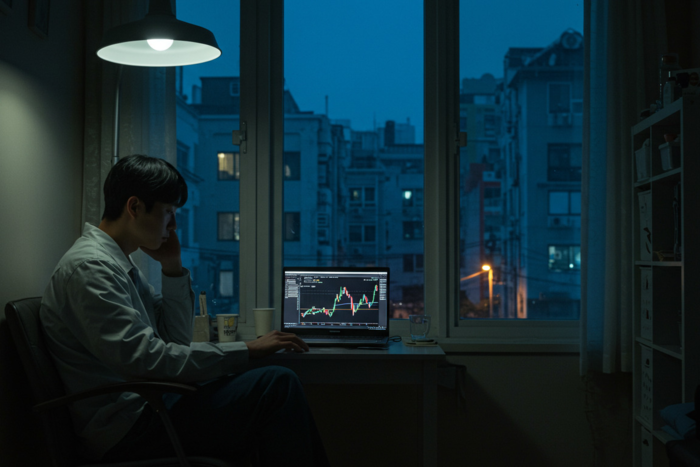 MZ 투자자가 주식 차트를 바라보며 불안한 심경을 드러내는 저녁 풍경을 사실적으로 구현한 이미지. <이미지=생성형AI>