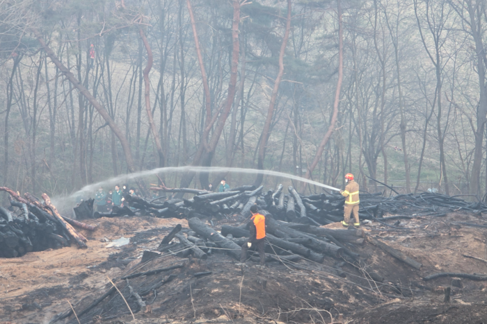 구미소방서 소방대원이 산불을 진화하고 있다. <박용기 기자>