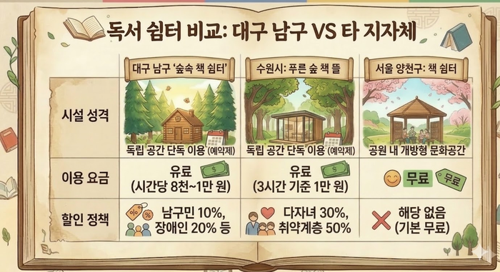 대구 남구 숲속 책 쉼터와 타 지자체 독서 쉼터의 시설 성격과 이용 요금 등을 비교한 그래픽. <그래픽=생성형AI>