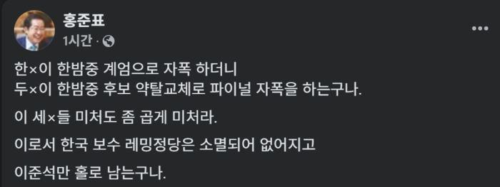 洪 “한X은 계엄, 두X은 후보 약탈교체…미쳐도 곱게 미쳐라”