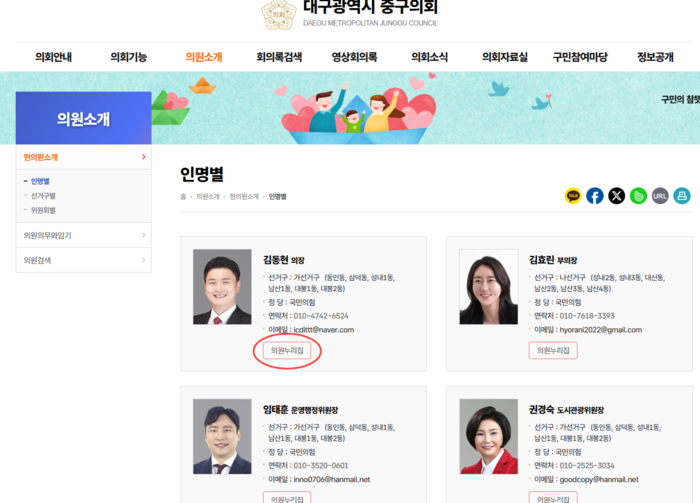 대구 중구의회 홈페이지 '의원소개' 화면. 각 의원별로 선거구, 연락처 등을 확인할 수 있으며, 연동된 '의원 누리집'에서는 구정질문, 자유발언 등 의정활동 내역도 통합 제공된다. 중구의회 홈페이지 캡처