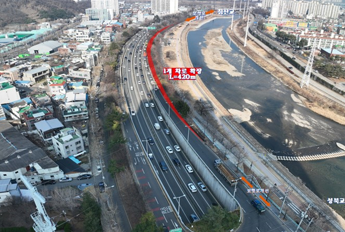 신천대로(좌안) 성북교에서 침산교 방면 차로 확장공사 구간. 대구시 제공