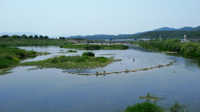 대부잠수교를 건넌다. 멀리 선로의 교각이 선명하고 가까운 하류에는 경산시 남산면과 하양읍을 잇는 국도대체우회도가 건설되고 있다.