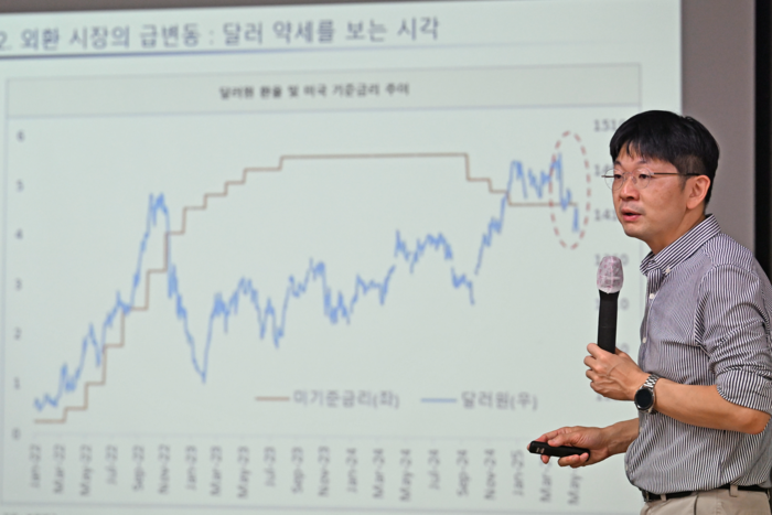 오건영 신한은행 WM추진부 팁장이 20일 오후 대구 동구 영남일보 대강당에서 열린 영남일보 CEO아카데미에서 트럼프 2.0시대와 환율의 대전환을 주제로 강연하고 있다.
이윤호기자 yoonhohi@yeongnam.com
