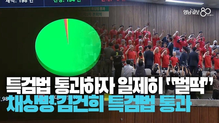 [영상] 특검법 통과하자 일제히 `벌떡`···이재명 취임 이후 첫 본회의서 채상병·내란·김건희 특검법 통과