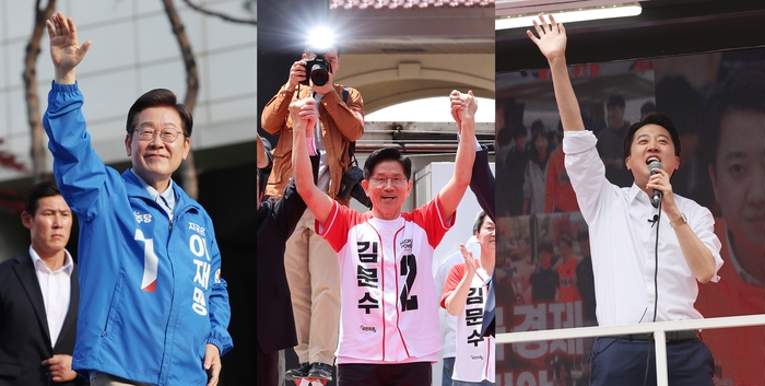 왼쪽부터 더불어민주당 이재명 후보, 국민의힘 김문수 후보, 개혁신당 이준석 후보. 연합뉴스