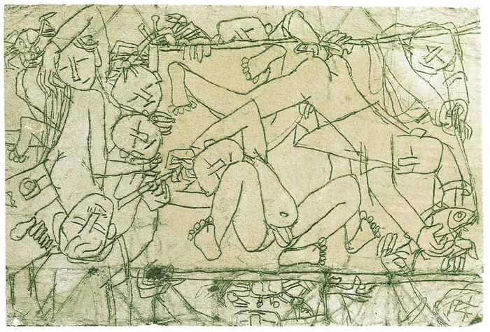 이중섭, '가족에 둘러싸여 그림을 그리는 화가', 은지에 새기고 유채, 10×15cm, 1950년대