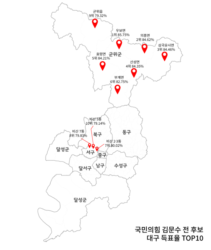 국민의힘 김문수 전 후보 대구 득표율 TOP10 지역