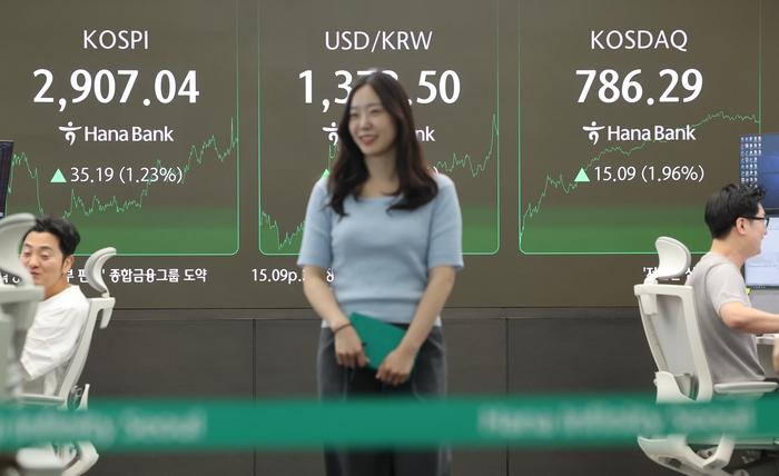 코스피가 2,900대에 안착한 11일 서울 중구 하나은행 딜링룸 현황판에 코스피·코스닥 종가가 표시돼있다. 코스피 지수 종가는 전 거래일 대비 35.19포인트(1.23%) 오른 2,907.04, 코스닥 지수는 전 거래일보다 15.09포인트(1.96%) 오른 786.29로 장을 마쳤다. 연합뉴스