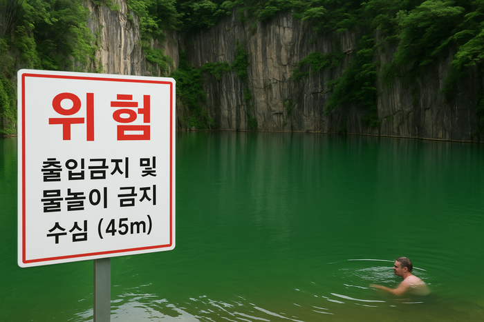 '한국 속  캐나다'라 불리며 유명세를 탄 대구 달성군 가창면 옛 폐채석장 호수에서 한 남성이 수영을 하다 적발됐다.  사진은 기사 이해를 돕기 위해  AI로 제작한 이미지. <영남일보 AI 제작>