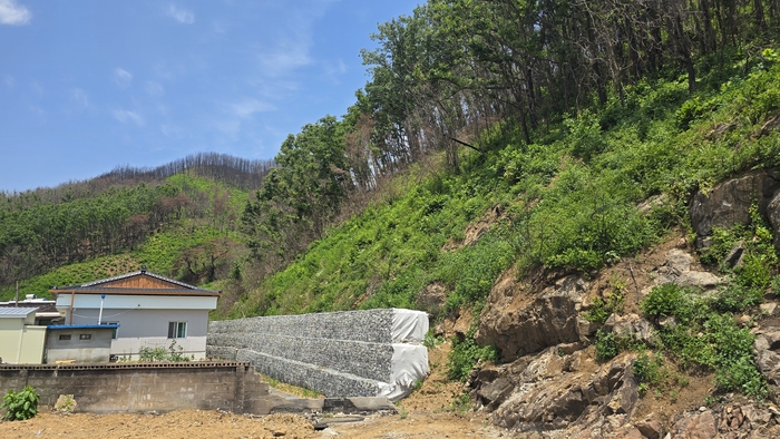 지난 3월 대형 산불 피해 지역에 산사태 예방을 위한 게비온 옹벽이 설치된 모습.