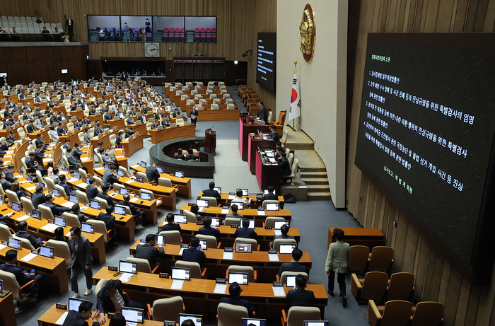대선 후 본회의, 3대 특검법·검사징계법 상정 
    (서울=연합뉴스) 류영석 기자 = 5일 국회 본회의에서 내란 특검법과 김건희 여사 특검법, 채해병 특검법 등 3대 특검법과 검사징계법이 상정되고 있다. 2025.6.5
    ondol@yna.co.kr
(끝)


<저작권자(c) 연합뉴스, 무단 전재-재배포, AI 학습 및 활용 금지>