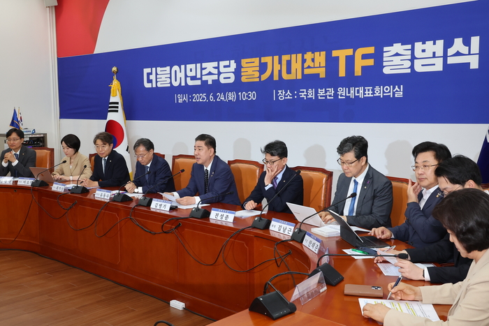 발언하는 김병기 당 대표 직무대행 겸 원내대표
    (서울=연합뉴스) 김주형 기자 = 더불어민주당 김병기 당 대표 직무대행 겸 원내대표(왼쪽 다섯번째)가 24일 서울 여의도 국회에서 열린 물가대책TF 출범식에서 발언하고 있다. 2025.6.24
    kjhpress@yna.co.kr
(끝)


<저작권자(c) 연합뉴스, 무단 전재-재배포, AI 학습 및 활용 금지>