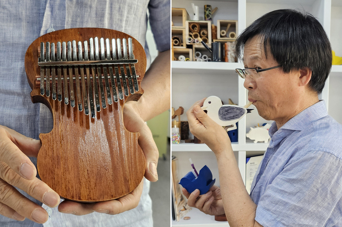 최홍기 지휘자가 만든 악기 '칼립바'(왼쪽)와 '괭이 갈매기'.