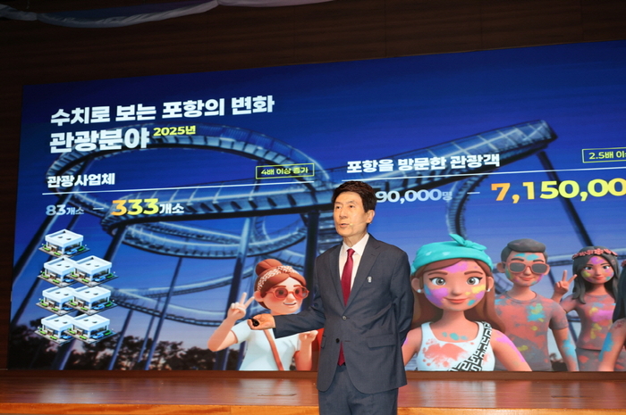 이강덕 포항시장이 2일 시청 대회의실에서 취임 11주년 기자회견을 갖고 수치로 보는 포항의 변화에 대해 설명하고 있다. <포항시 제공>