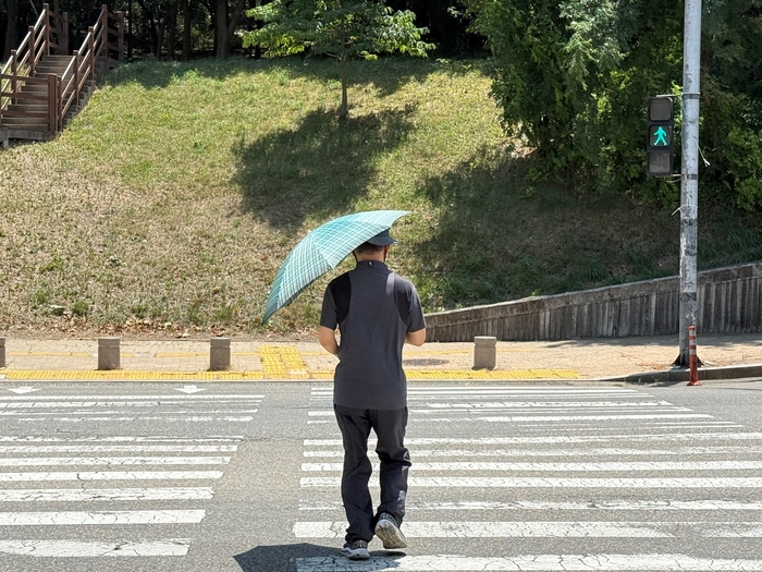 10일 낮 12시쯤 대구 달서구 두류공원 야외음악당 앞 도로. 녹색 양산을 쓴 박지학(65)씨가 횡단보도를 건너고 있다.