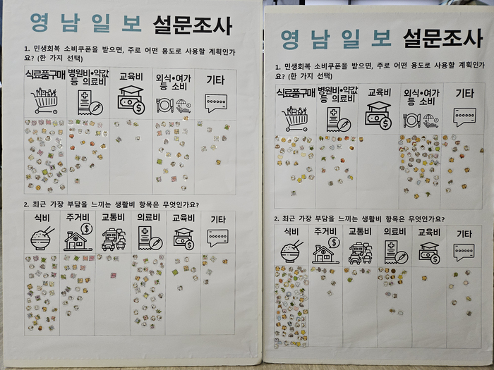 영남일보 '민생회복 소비쿠폰 사용계획' 등 설문조사 결과판. 서문시장 조사 결과(왼쪽), 반월당 지하상가 및 대경선 조사 결과(오른쪽) 서민지기자 mjs858@yeongnam.com