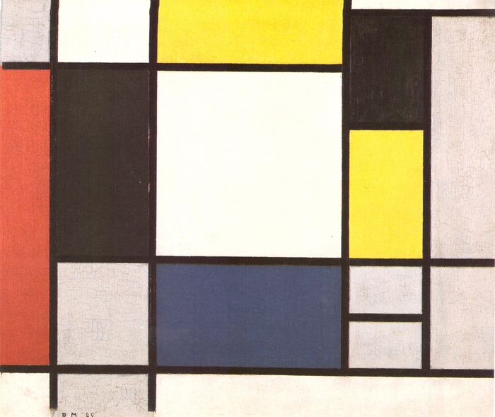 몬드리안, '빨강, 검정, 파랑, 노랑, 회색의 구성', 캔버스에 유채, 52.5×60cm, 1920, 암스테르담시립박물관