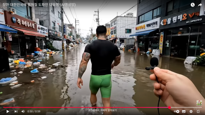 경복궁 앞마당에 물개가 등장하고, 고양이들이 수해현장에서 헤엄치는 모습을 그린 AI 영상. 온라인에서 진짜 가짜 논쟁을 불러일으켰다. <유튜브 골파닭 캡처>