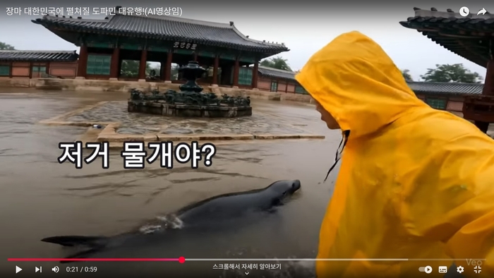 경복궁 앞마당에 물개가 등장하고, 고양이들이 수해현장에서 헤엄치는 모습을 그린 AI 영상. 온라인에서 진짜 가짜 논쟁을 불러일으켰다. <유튜브 골파닭 캡처>