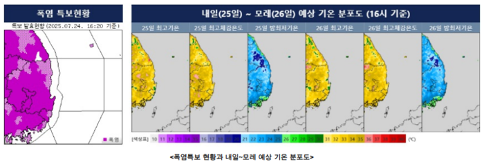 24일 오후 4시 20기준 폭염특보 현항과 25~26일 예상기온분포도. 대구기상청 제공