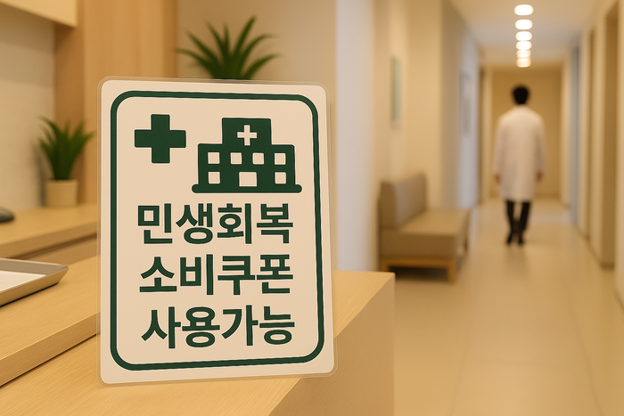 대구지역 한 병원 내부를 사실적으로 구현한 장면으로, 민생회복 소비쿠폰 사용 가능 안내판이 클로즈업 돼 있다. < Chat GPT 제작>