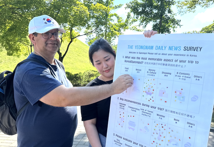 지난달 30일 경주 대릉원 일대에서 만난 안도라 출신 관광객이 태극기가 그려진 모자를 쓴 채 영남일보 설문조사에 응하고 있다. 박지현기자 lozpjh@yeongnam.com