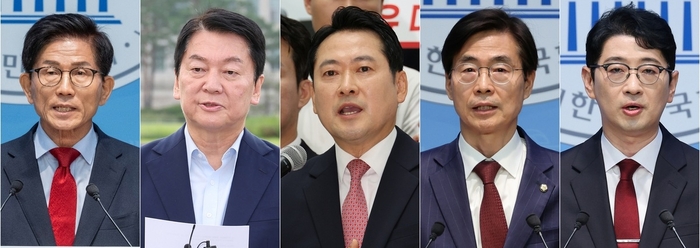 국민의힘 8·22 전당대회 당 대표 후보 등록을 한 김문수 전 고용노동부 장관, 안철수 의원, 장동혁 의원, 조경태 의원, 주진우 의원. <연합뉴스>