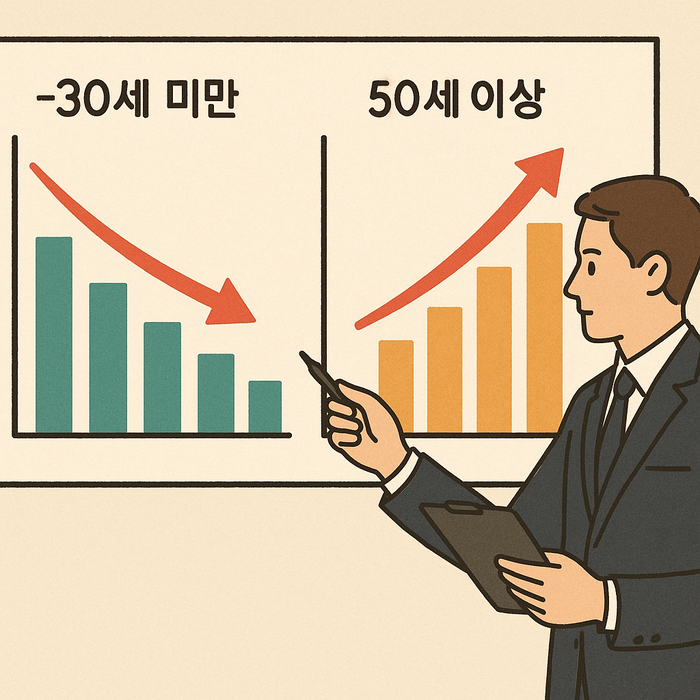기업 20대 직원 비중이 50대 이상보다 적어지는 '세대 역전' 현상이 나타나고 있다. <챗GPT 제작>