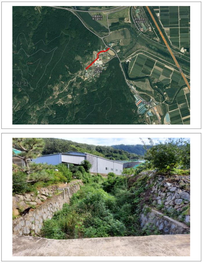 25년 특별교부세로 사업이 추진되는 현풍 오산소하천 정비 공사 위치 및 현재 사진. 추경호 의원실 제공