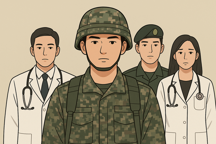 현역병을 선택하는 의대생이 늘어나며 군의관·공중보건의사 제도가 흔들리고 있는 현실을 상징적으로 담은 일러스트.<챗GPT 생성>