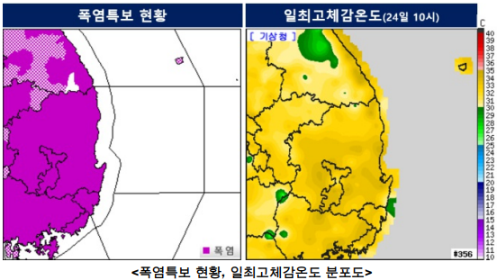 24일 오전 10시기준 폭염특보 현황, 일최고체감온도 분포도. 대구기상청 제공