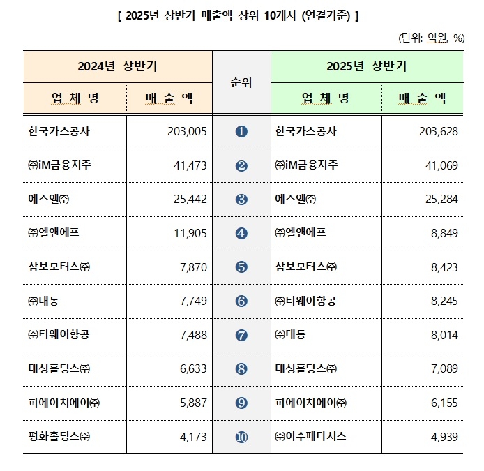 대구 상장법인 2025년 상반기 매출액 상위 10개사(연결기준). <대구상의 제공>